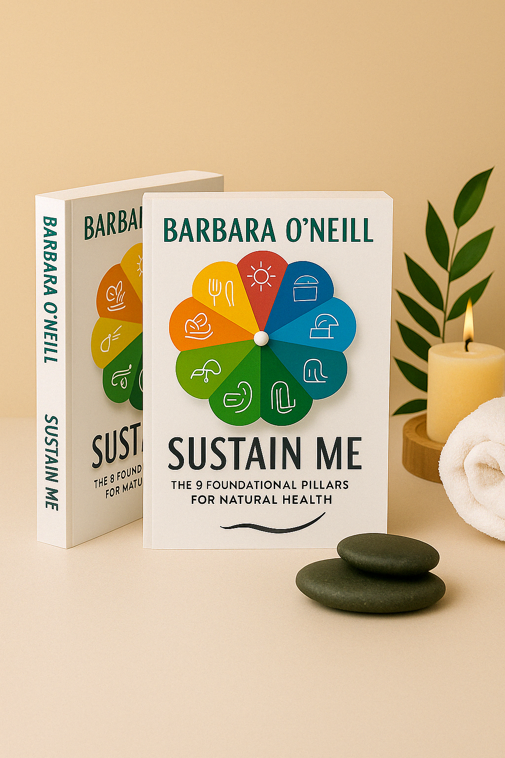Two copies of Sustain Me: The 9 Foundational Pillars for Natural Health by Barbara O'Neill displayed on a warm beige surface with calming wellness elements including a rolled towel, candle, smooth stones, and leafy greens, creating a serene and natural lifestyle ambiance.