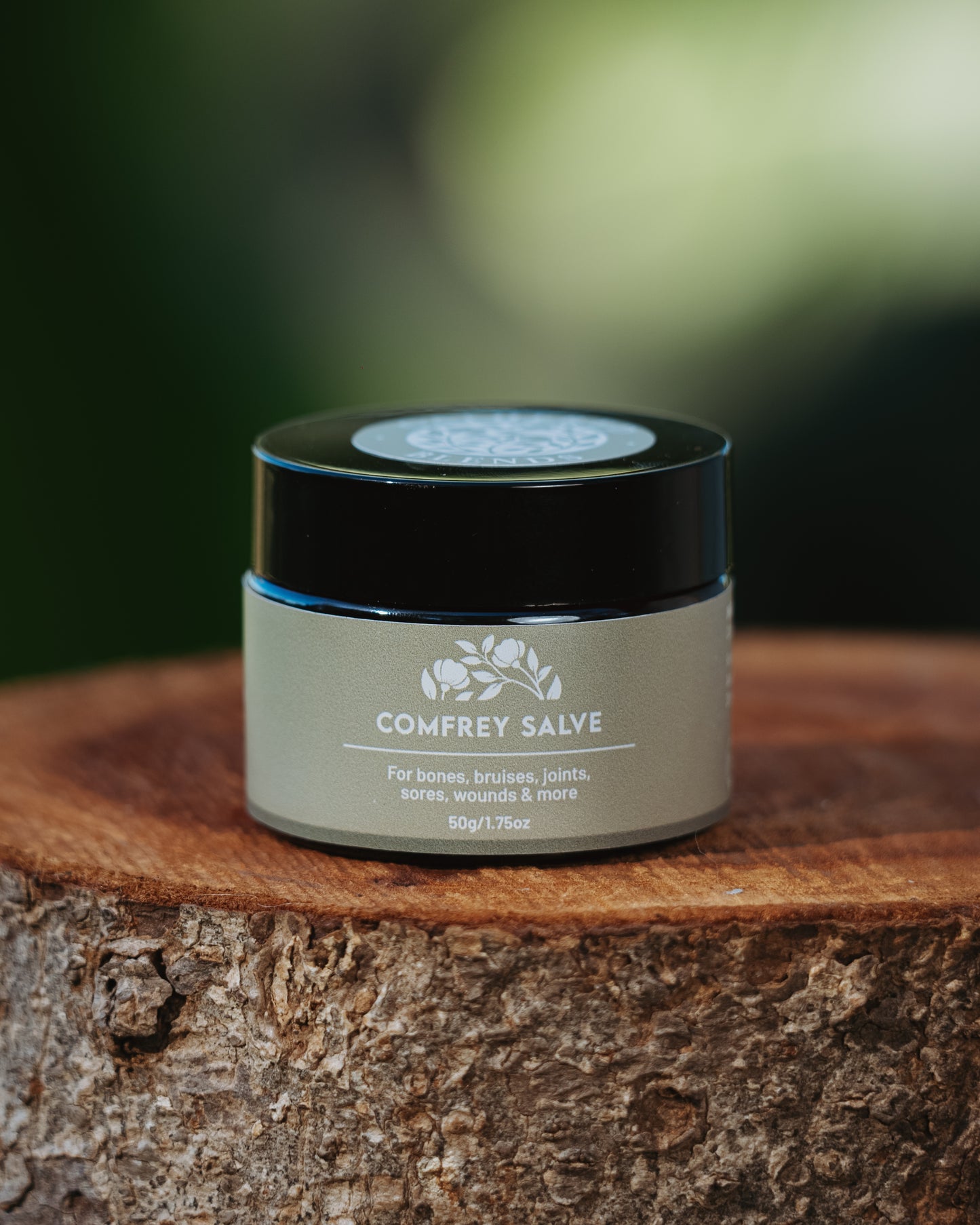 Comfrey Salve 50g jar – natural topical ointment for bones, bruises, joints, sores, and wounds, displayed on tree stump with green outdoor background