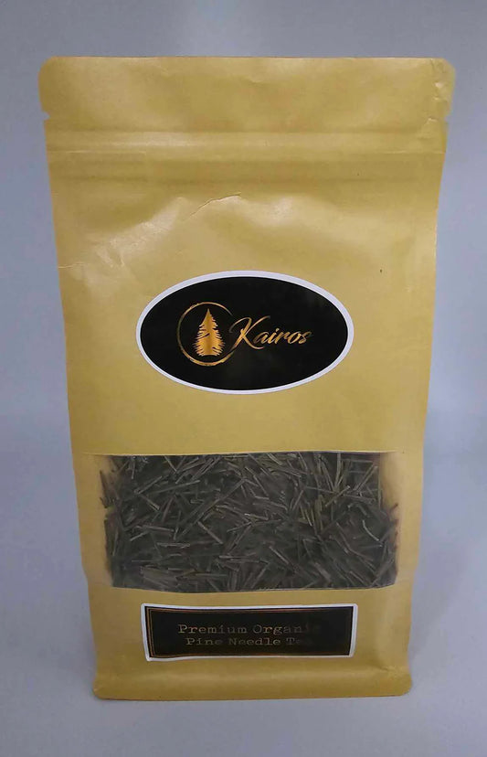 Kairos Premium Organic Pine Needle Tea in resealable gold pouch with clear window – natural herbal tea rich in antioxidants and wellness benefits