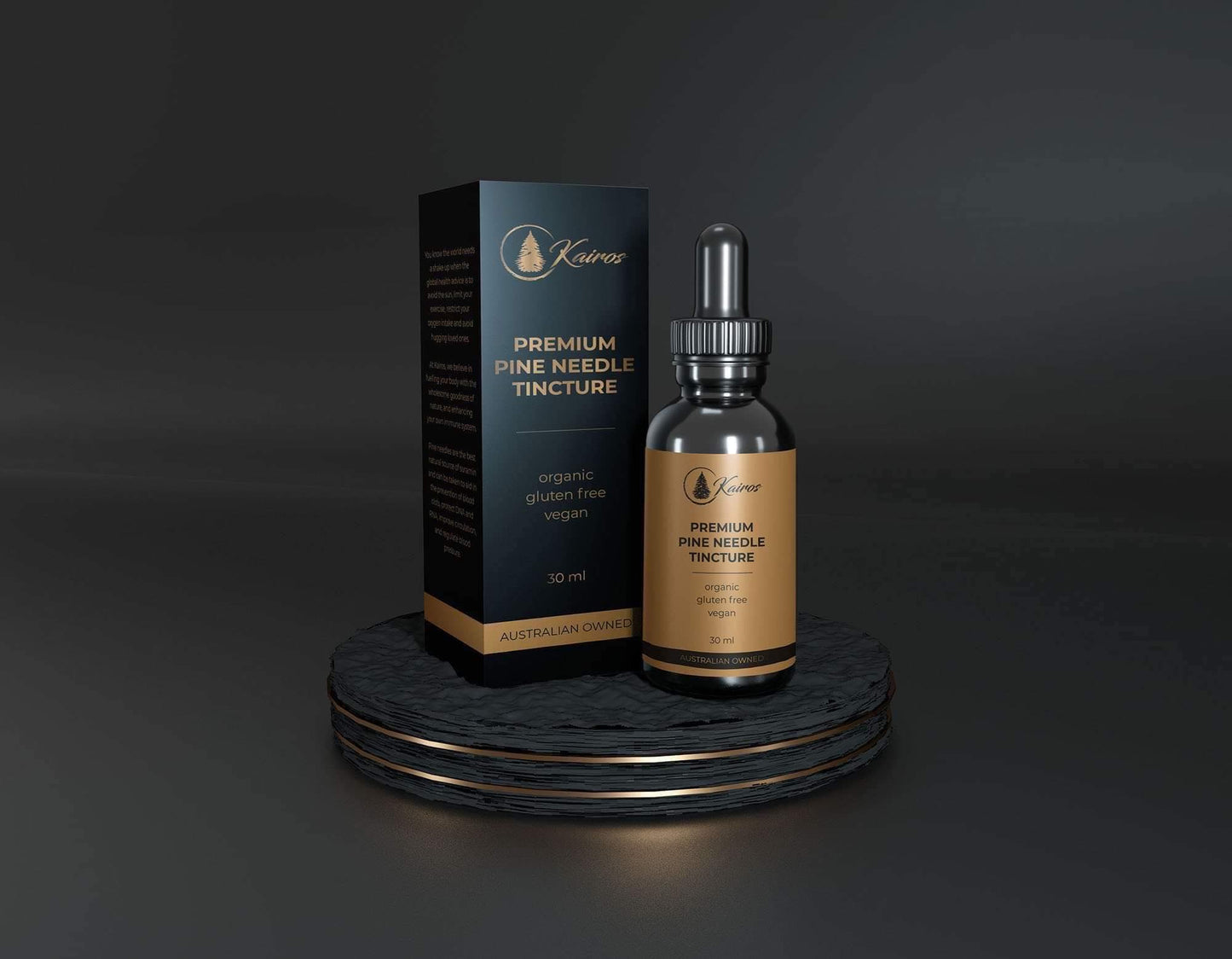 Kairos Premium Pine Needle Tincture 30ml – organic, gluten-free, vegan supplement in amber dropper bottle with packaging, presented on elegant black and gold display