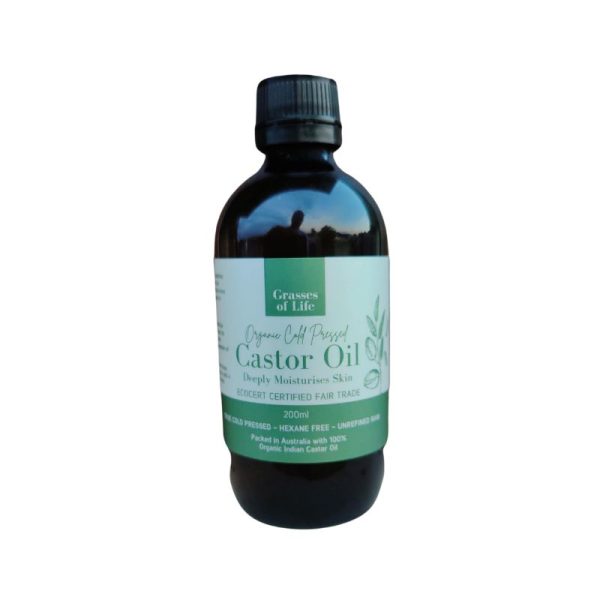 Grasses of Life Organic Cold Pressed Castor Oil 200ml bottle – hexane-free, unrefined oil for skin moisturizing and natural hair care, packed in Australia using organic Indian castor oil