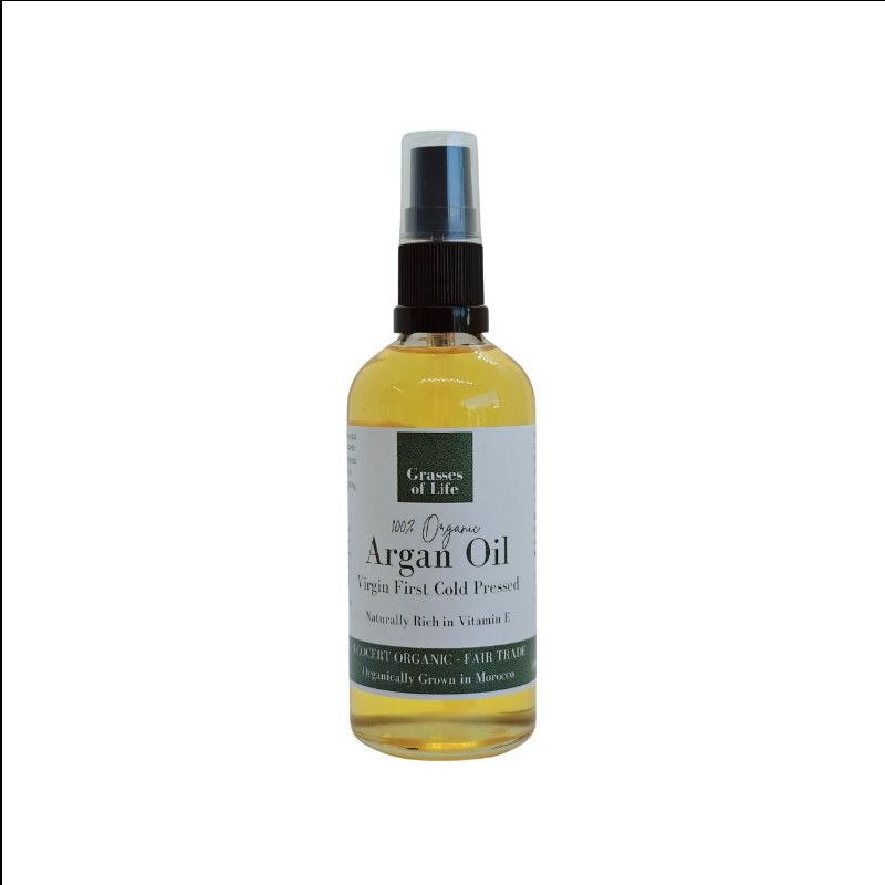 "Grasses of Life 100% Organic Argan Oil – virgin first cold-pressed, vitamin E-rich skincare oil in spray bottle, ethically sourced and grown in Morocco"