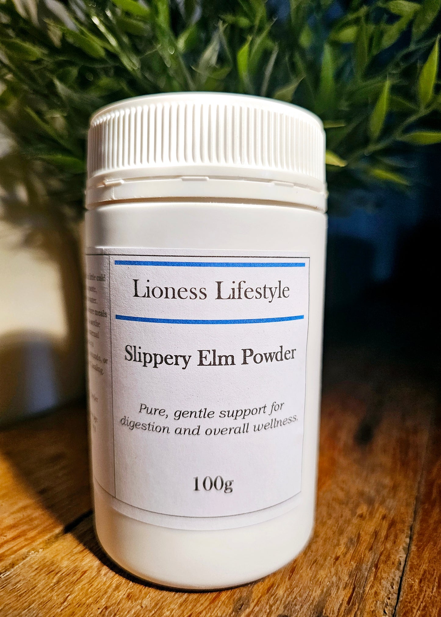 Lioness Lifestyle Slippery Elm Powder 100g natural digestive support supplement for wellness, displayed on wooden surface with plant background