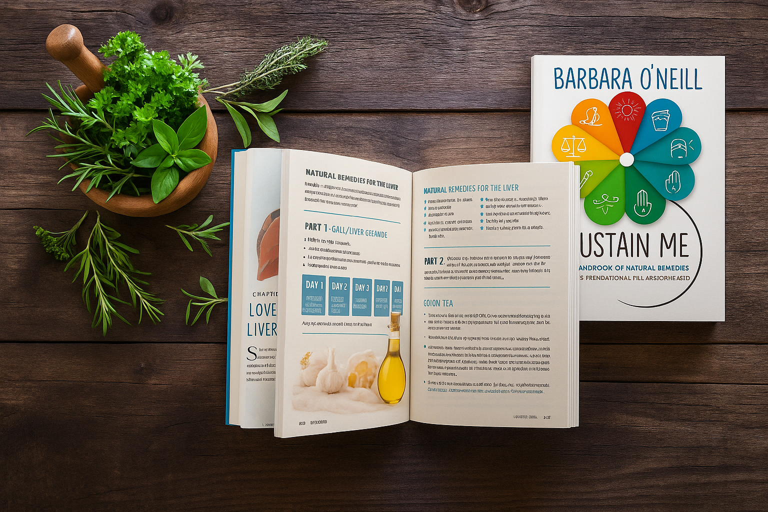 Flat‑lay photo on a dark rustic wooden table featuring an open “Sustain Me” handbook by Barbara O’Neill displaying liver‑detox remedy pages with garlic and oil imagery, a closed copy of the book showing the colorful nine‑petal health wheel, and a wooden mortar filled with fresh herbs like parsley, basil, and rosemary.